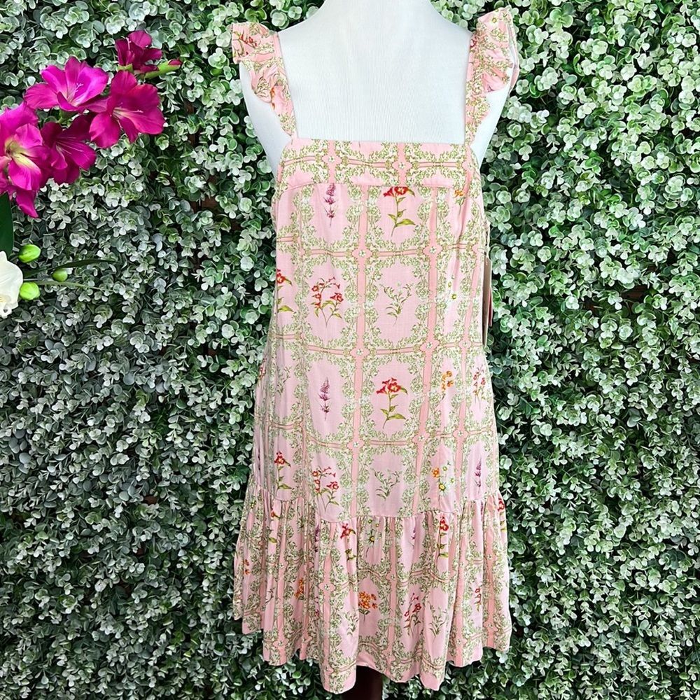 Agua Bendita × Target Floral Tile Print Pink Green Flutter Sleeve Mini Dress NWT